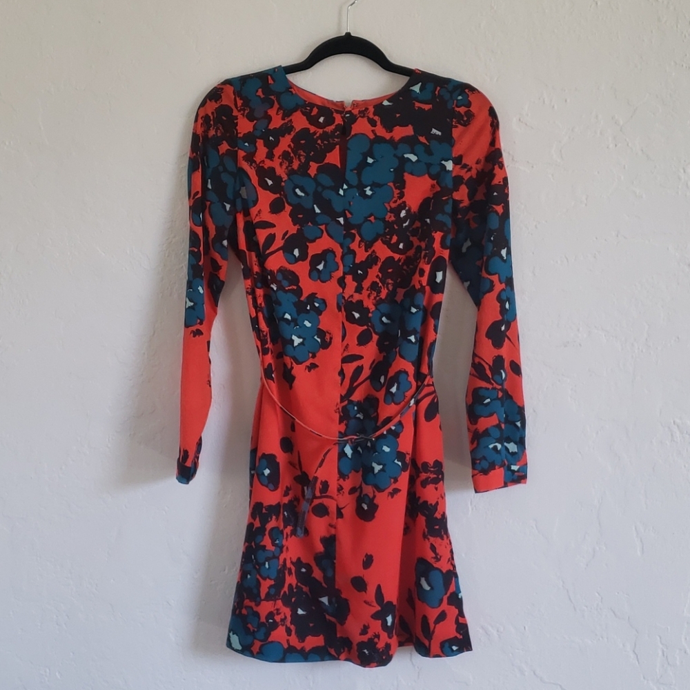 Floral print long sleeve belted dress